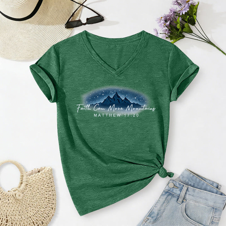 Christianartworkshop Faith Can Move Mountains Matthew 17:20 Starry Mountain Graphic Casual V-neck T-shirt - Dark Green - 2XL - image 24