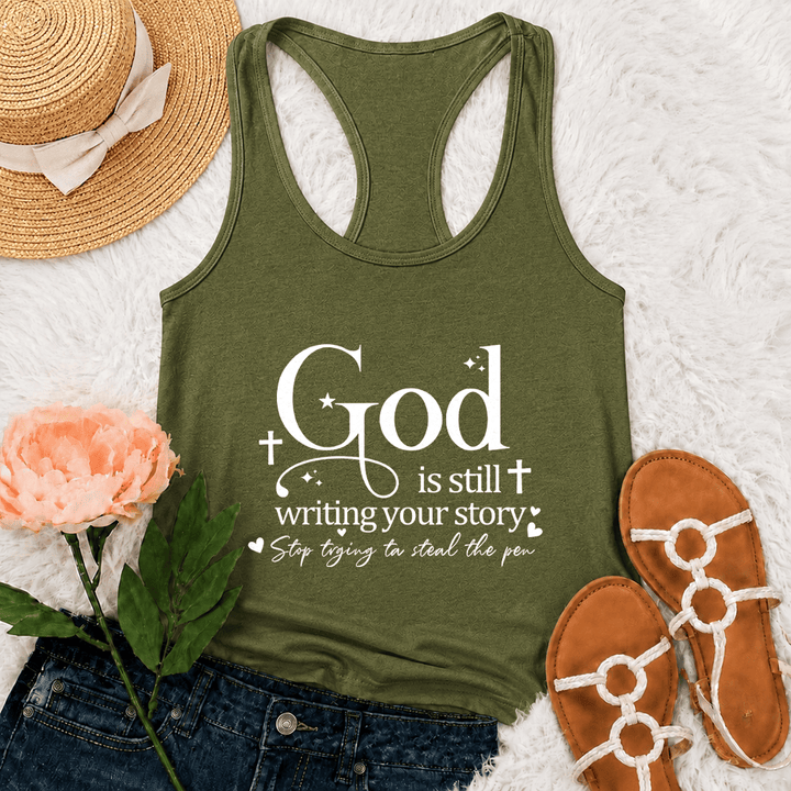 Christianartworkshop God Is Still Writing Your Story Christian Workout Racerback Tank Top - Army Green - 2XL - image 18