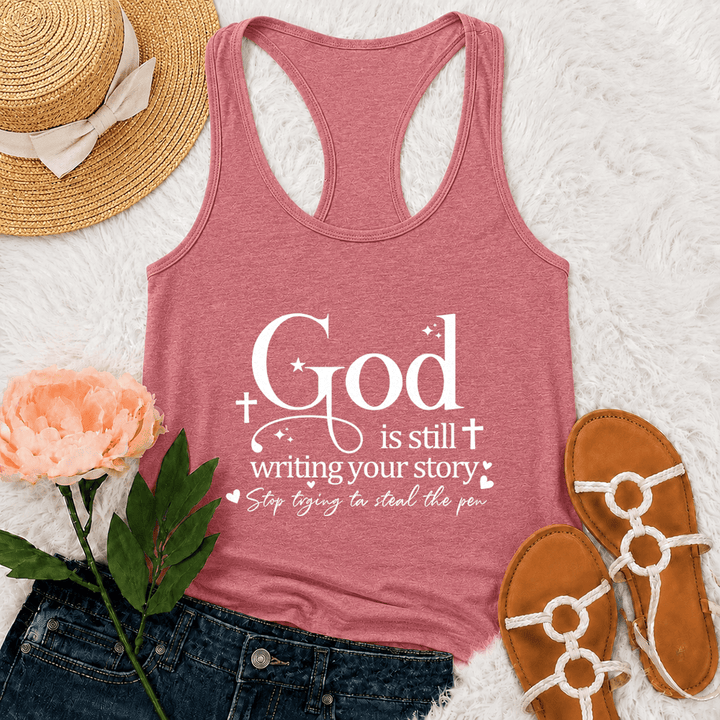 Christianartworkshop God Is Still Writing Your Story Christian Workout Racerback Tank Top - Pink - 2XL - image 21