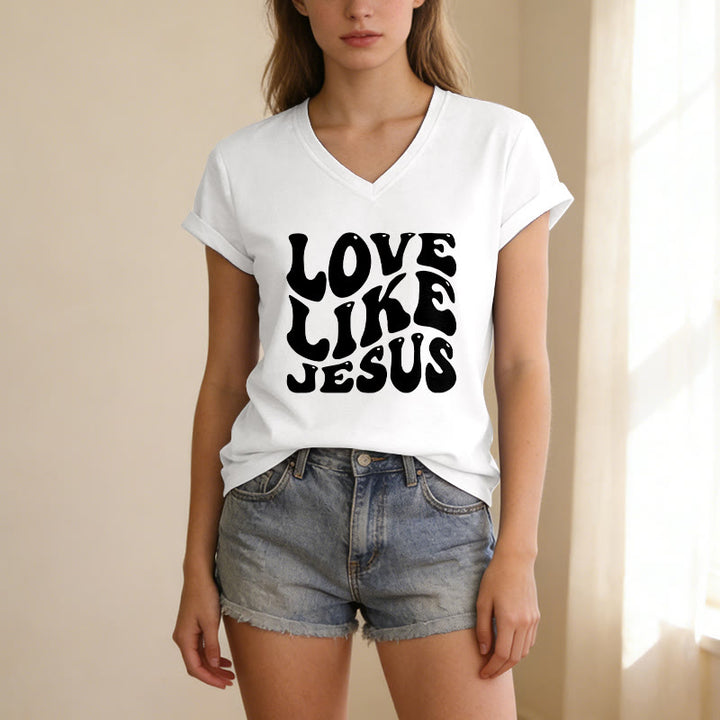 Christianartworkshop Love Like Jesus Retro Bubble Letter Casual V-neck T-shirt - image 21