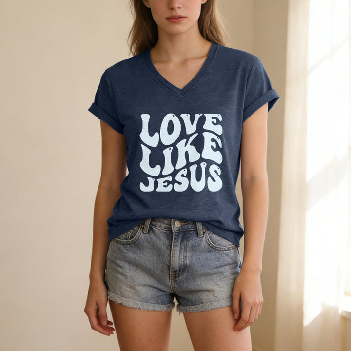 Christianartworkshop Love Like Jesus Retro Bubble Letter Casual V-neck T-shirt - image 3