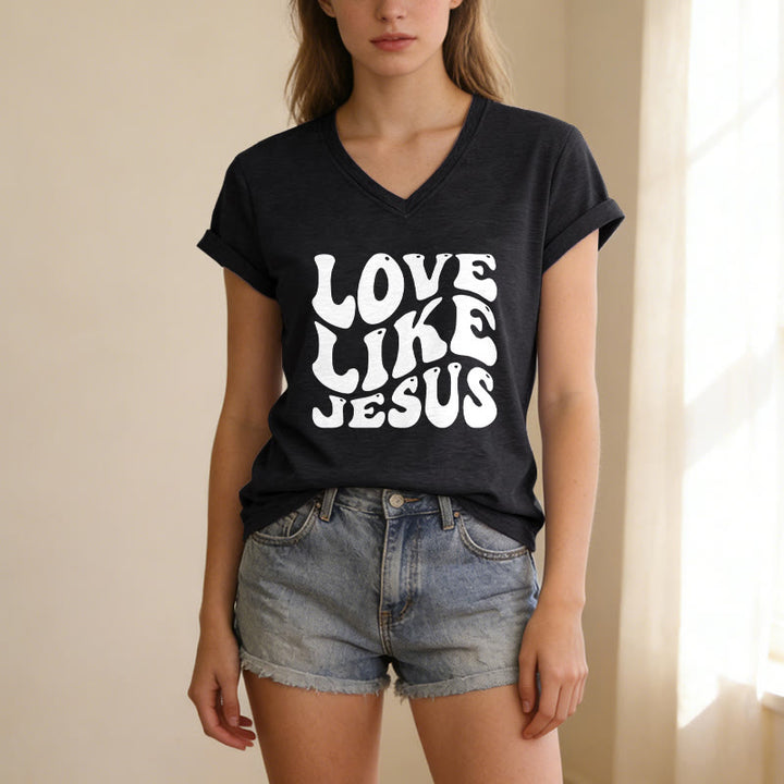 Christianartworkshop Love Like Jesus Retro Bubble Letter Casual V-neck T-shirt - image 15