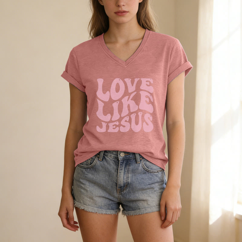 Christianartworkshop Love Like Jesus Retro Bubble Letter Casual V-neck T-shirt - image 13