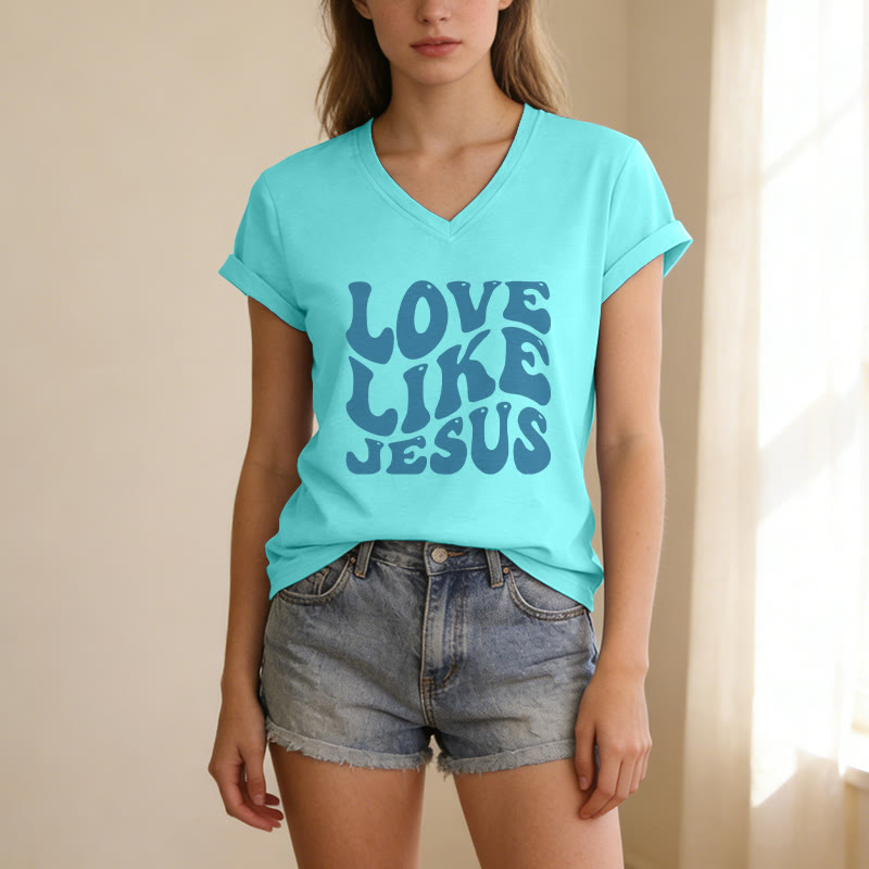 Christianartworkshop Love Like Jesus Retro Bubble Letter Casual V-neck T-shirt - image 23