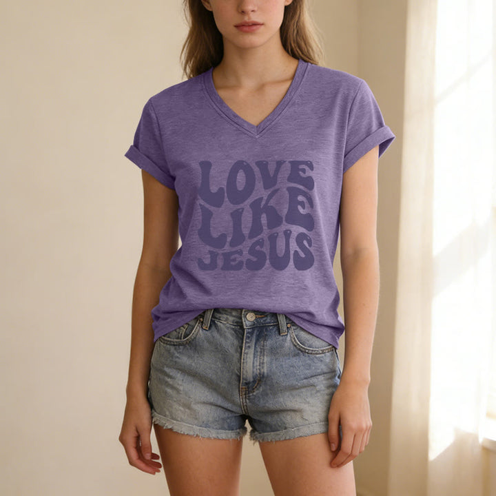 Christianartworkshop Love Like Jesus Retro Bubble Letter Casual V-neck T-shirt - image 9