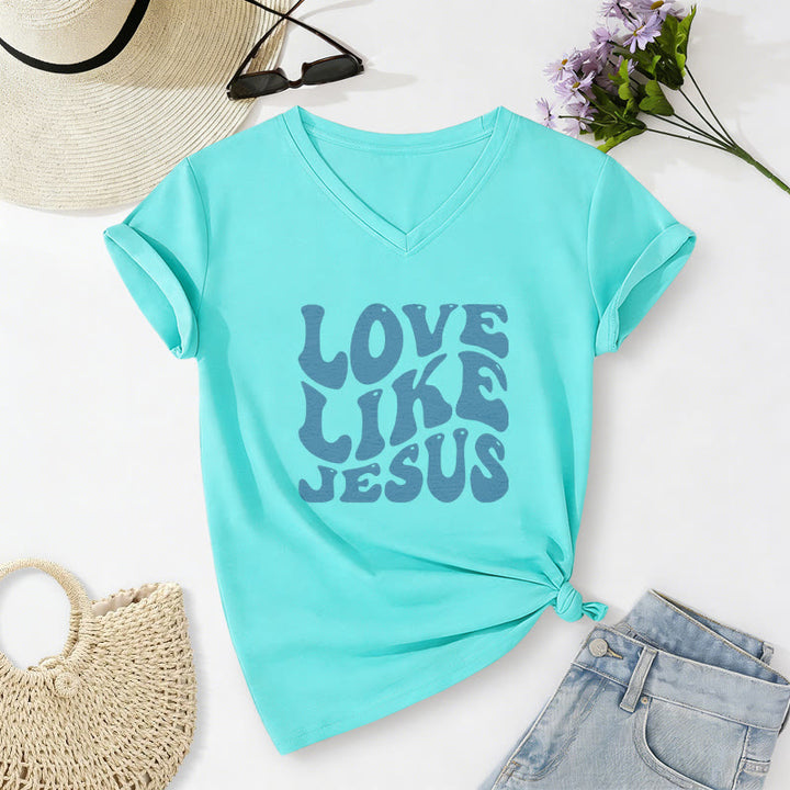 Christianartworkshop Love Like Jesus Retro Bubble Letter Casual V-neck T-shirt - Sky Blue - 2XL - image 22