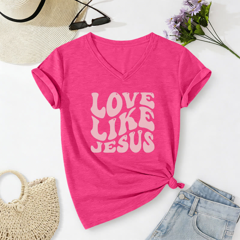 Christianartworkshop Love Like Jesus Retro Bubble Letter Casual V-neck T-shirt - Rose - 2XL - image 0