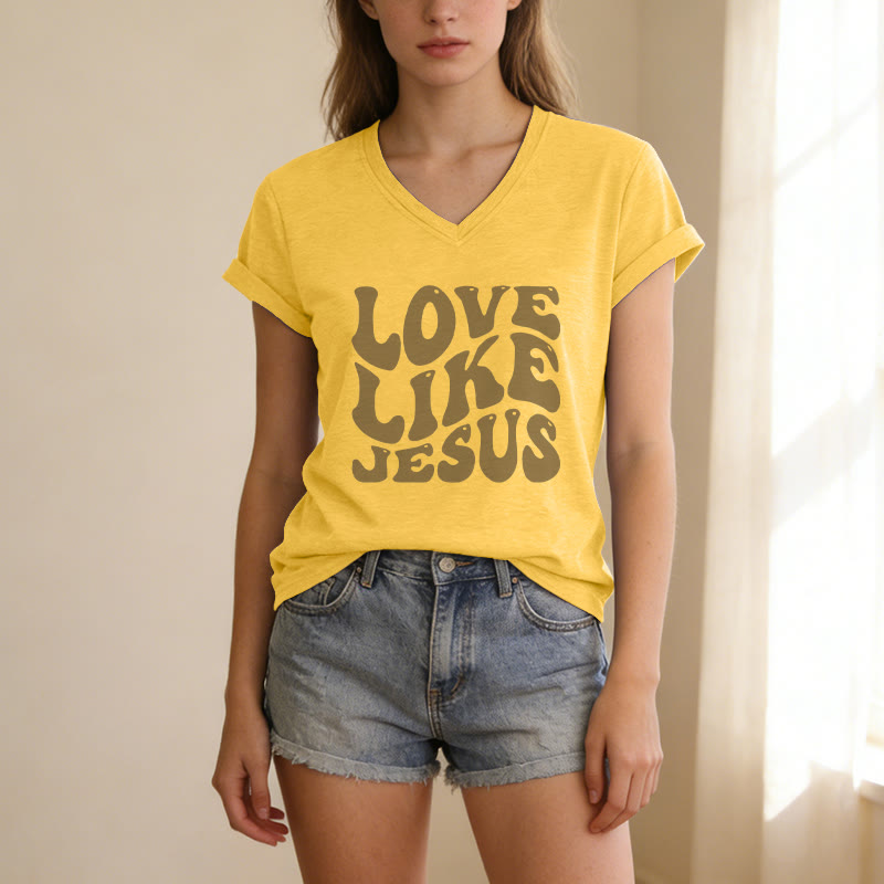 Christianartworkshop Love Like Jesus Retro Bubble Letter Casual V-neck T-shirt - image 17