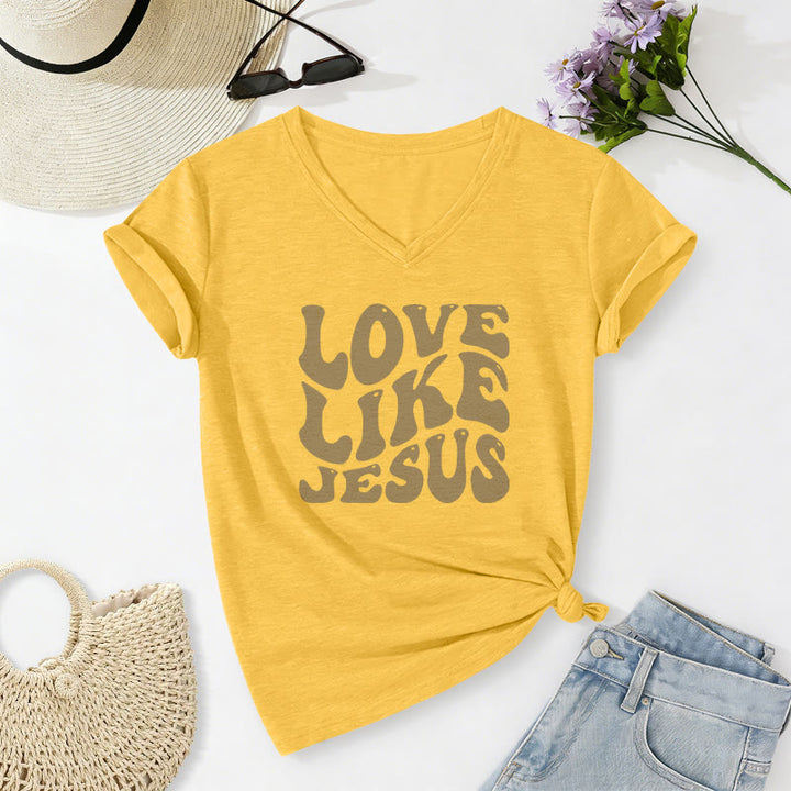 Christianartworkshop Love Like Jesus Retro Bubble Letter Casual V-neck T-shirt - Yellow - 2XL - image 16