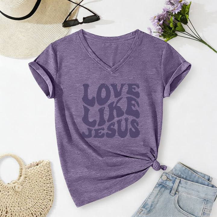 Christianartworkshop Love Like Jesus Retro Bubble Letter Casual V-neck T-shirt - Purple - 2XL - image 8