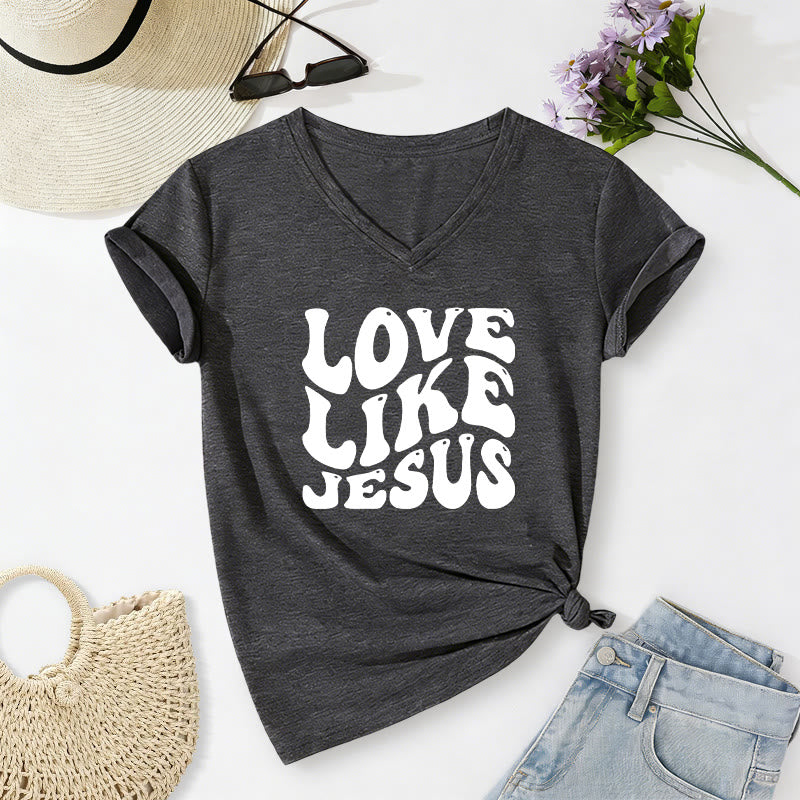 Christianartworkshop Love Like Jesus Retro Bubble Letter Casual V-neck T-shirt - Dark Grey - 2XL - image 10