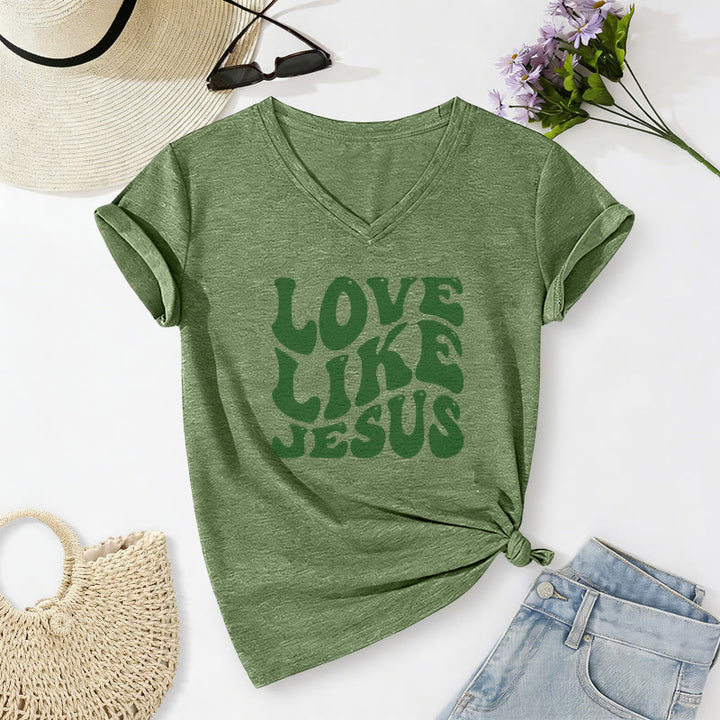 Christianartworkshop Love Like Jesus Retro Bubble Letter Casual V-neck T-shirt - Olive Green - 2XL - image 18