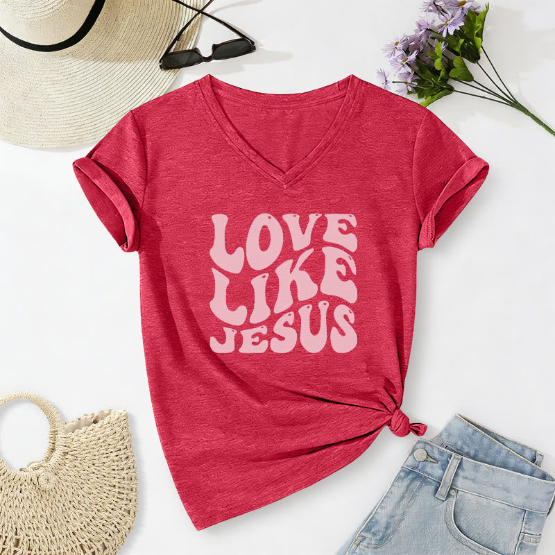 Christianartworkshop Love Like Jesus Retro Bubble Letter Casual V-neck T-shirt - Red - 2XL - image 6