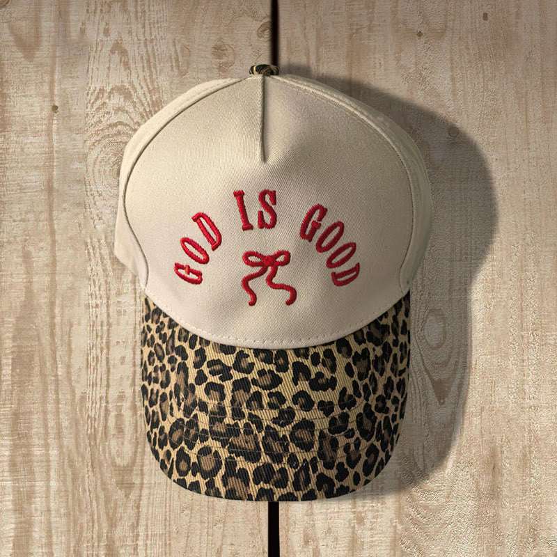 Christianartworkshop God Is Good Bow Embroidery Leopard Brim Adjustable Baseball Cap - Red&Leopard - image 0