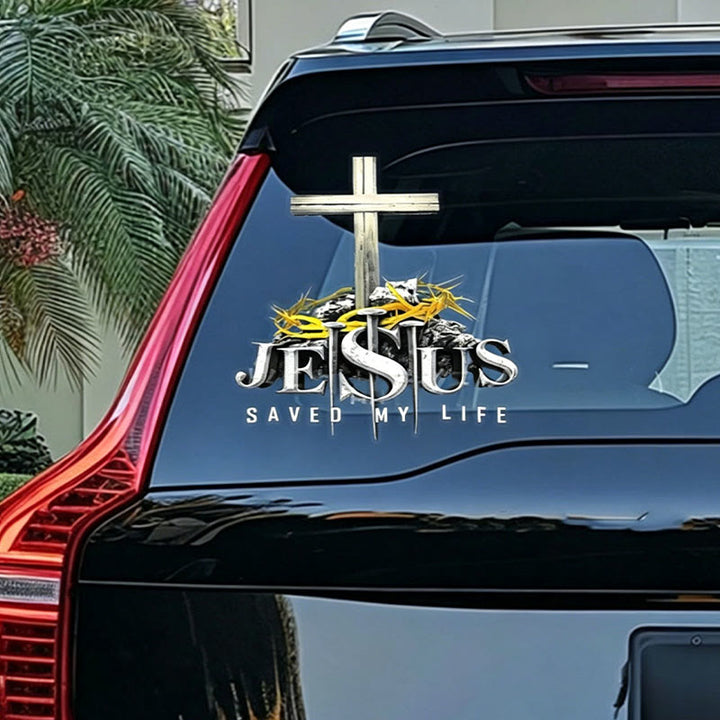 Christianartworkshop Cross Crown of Thorns Nails JESUS SAVED MY LIFE Waterproof Car Sticker: A Symbol of Redemptive Sacrifice - 9''*9'' - image 0
