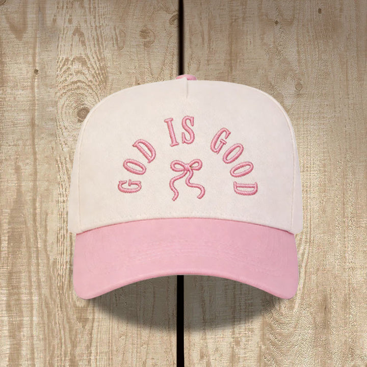 Christianartworkshop Curved Brim God Is Good Letter Bow Embroidered Unisex Baseball Cap - Pink - image 2