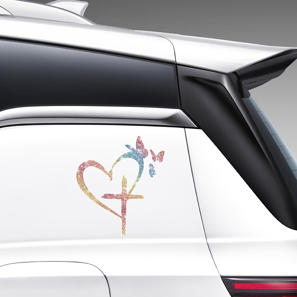 Christianartworkshop  Glitter Heart Cross Butterfly Silhouette Waterproof Car Window Sticker: A Symbol of Sacred Love - image 6