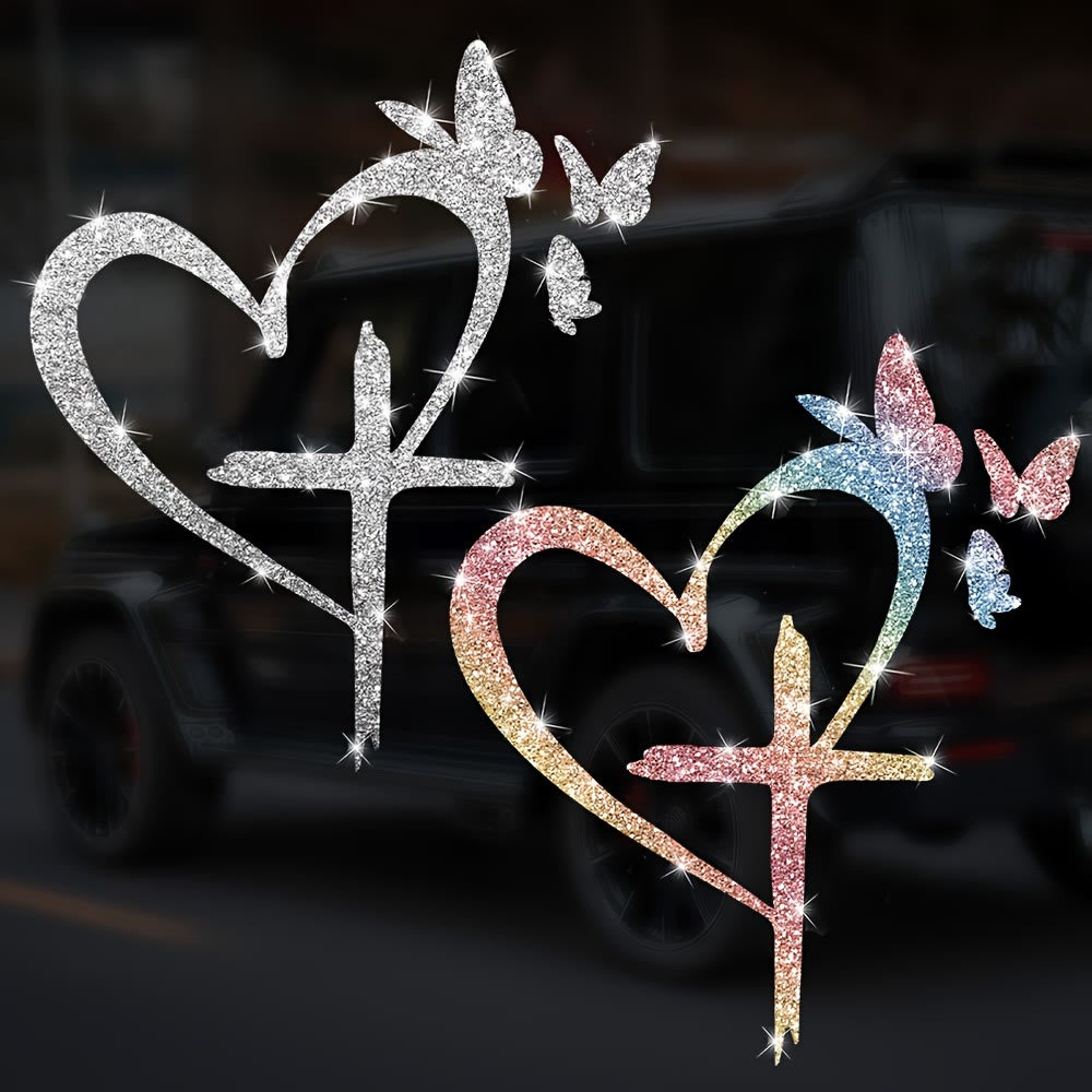 Christianartworkshop  Glitter Heart Cross Butterfly Silhouette Waterproof Car Window Sticker: A Symbol of Sacred Love - image 1