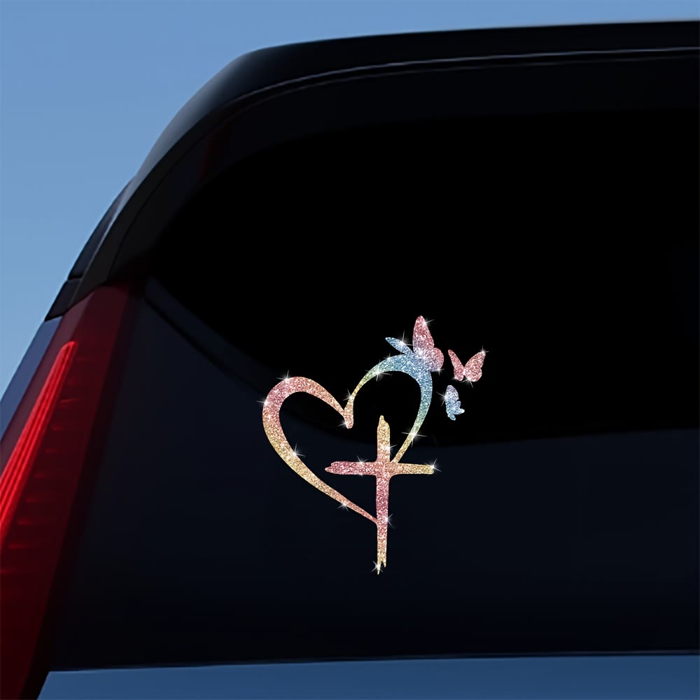 Christianartworkshop  Glitter Heart Cross Butterfly Silhouette Waterproof Car Window Sticker: A Symbol of Sacred Love - image 7