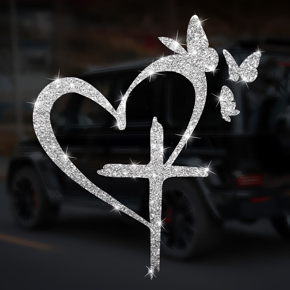 Christianartworkshop  Glitter Heart Cross Butterfly Silhouette Waterproof Car Window Sticker: A Symbol of Sacred Love - image 2