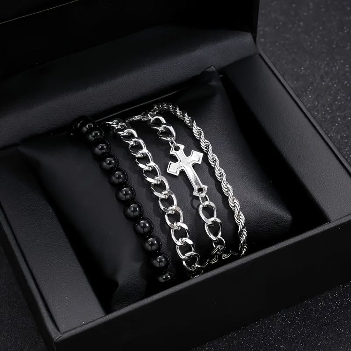 Christianartworkshop 4-Piece Layered Stackable Bracelet Set with Twisted Rope, Curb Chain & Black Round Beads Cross Charm - image 2