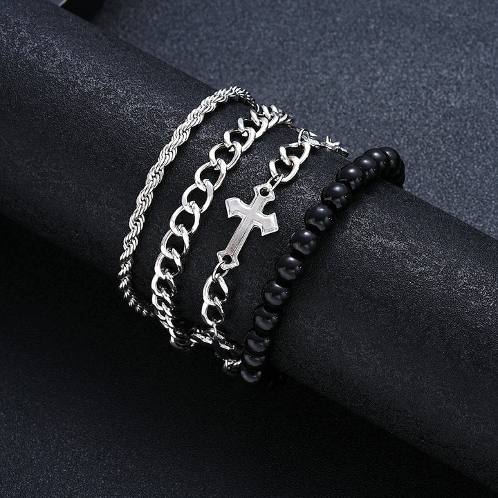 Christianartworkshop 4-Piece Layered Stackable Bracelet Set with Twisted Rope, Curb Chain & Black Round Beads Cross Charm - image 6