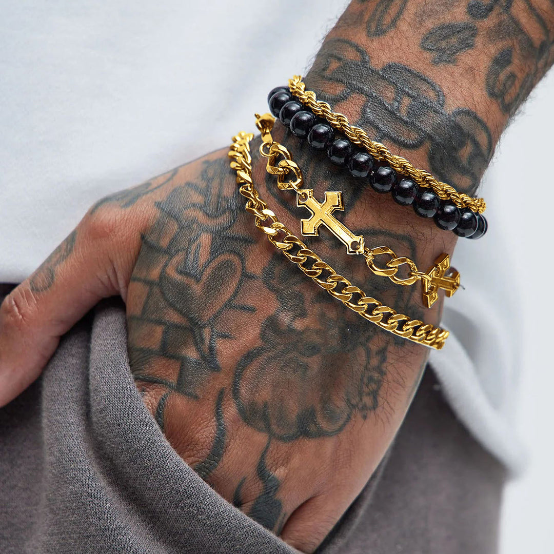 Christianartworkshop 4-Piece Layered Stackable Bracelet Set with Twisted Rope, Curb Chain & Black Round Beads Cross Charm - Golden - image 8