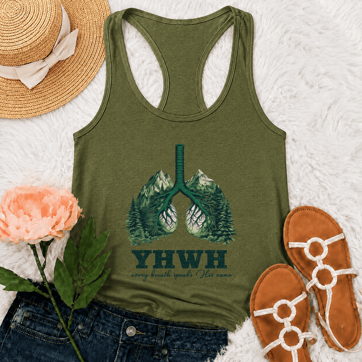 Christianartworkshop YHWH Every Breath Speaks His Name Racerback Tank Top - Army Green - 2XL - image 18