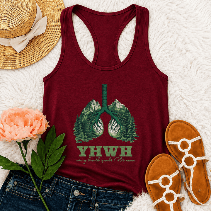 Christianartworkshop YHWH Every Breath Speaks His Name Racerback Tank Top - Wine - 2XL - image 24
