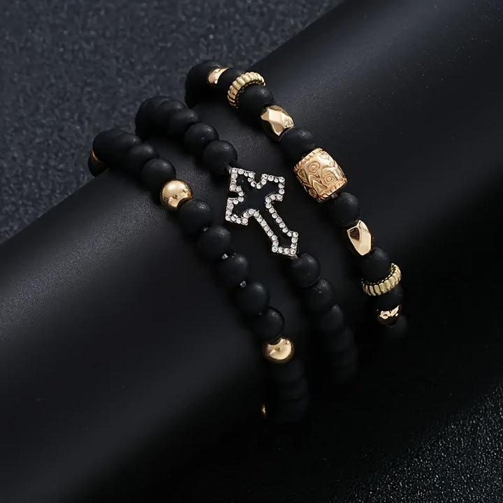Christianartworkshop Multi-Layer Matte Black Stone Bead Stretch Bracelet with Paved Zircon Cross & Carved Gold Spacers - image 4