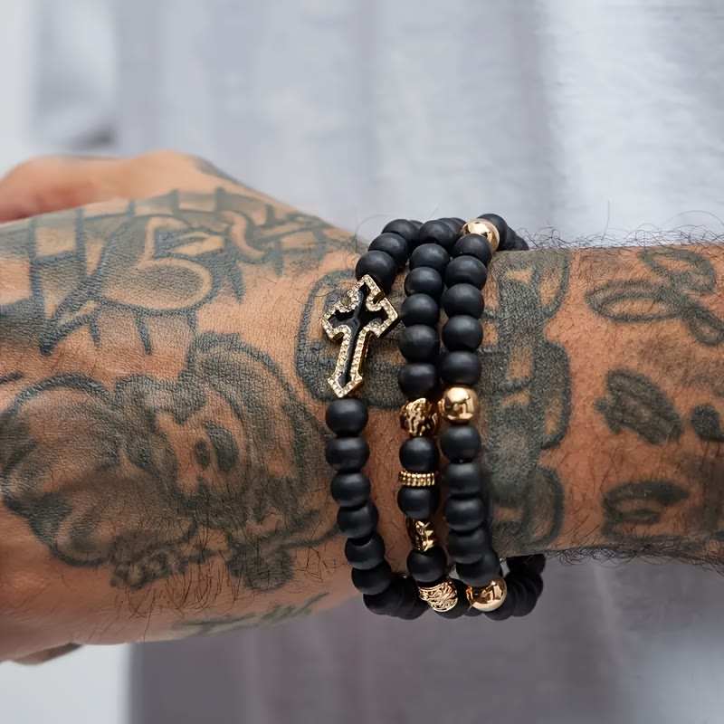 Christianartworkshop Multi-Layer Matte Black Stone Bead Stretch Bracelet with Paved Zircon Cross & Carved Gold Spacers - image 5