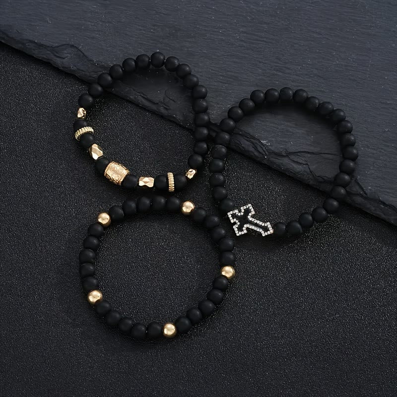 Christianartworkshop Multi-Layer Matte Black Stone Bead Stretch Bracelet with Paved Zircon Cross & Carved Gold Spacers - image 7