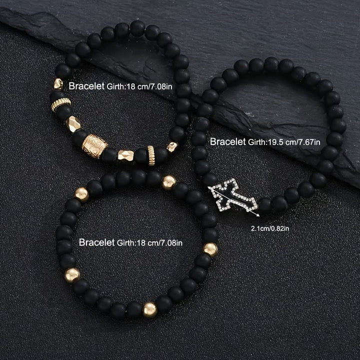 Christianartworkshop Multi-Layer Matte Black Stone Bead Stretch Bracelet with Paved Zircon Cross & Carved Gold Spacers - image 8