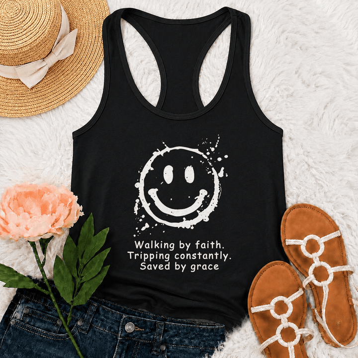 Christianartworkshop Walking By Faith Saved By Grace Racerback Tank Top - Black - 2XL - image 3