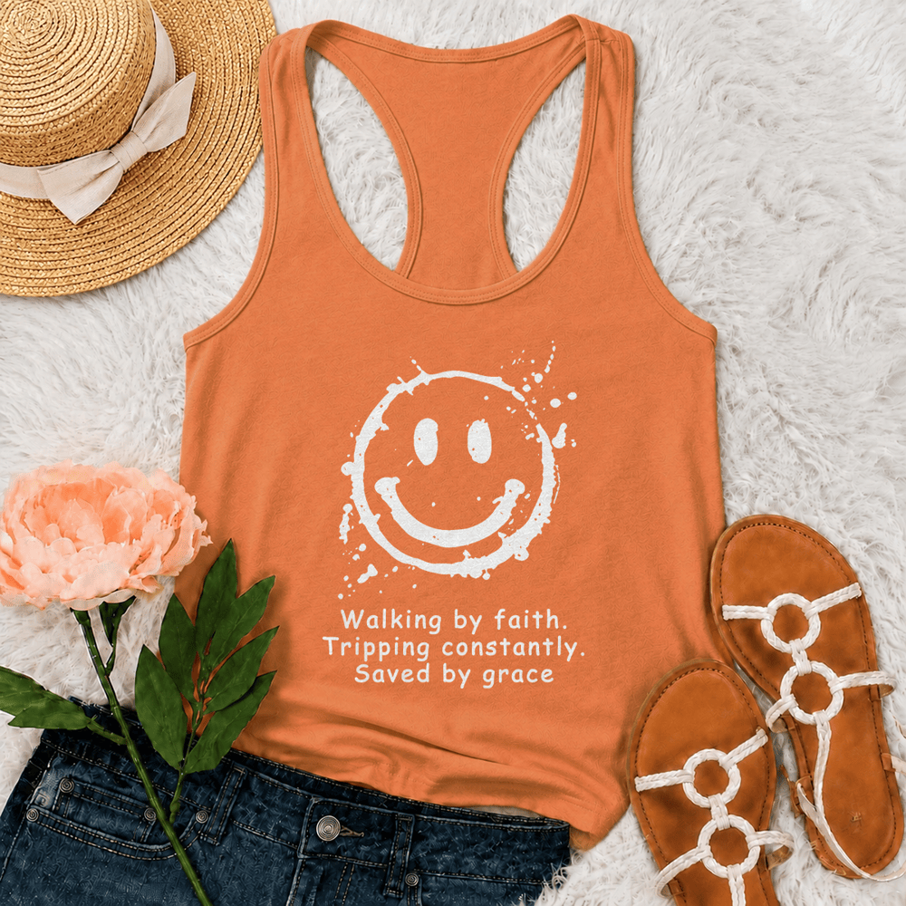 Christianartworkshop Walking By Faith Saved By Grace Racerback Tank Top - Orange - 2XL - image 27
