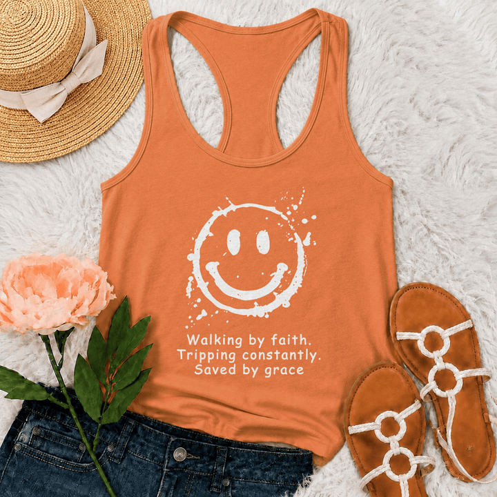 Christianartworkshop Walking By Faith Saved By Grace Racerback Tank Top - Orange - 2XL - image 27