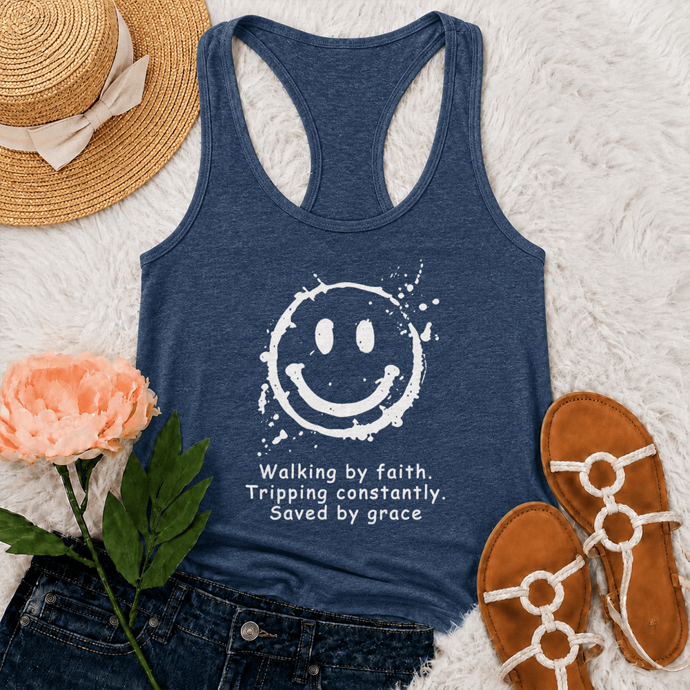 Christianartworkshop Walking By Faith Saved By Grace Racerback Tank Top - Navy Blue - 2XL - image 15
