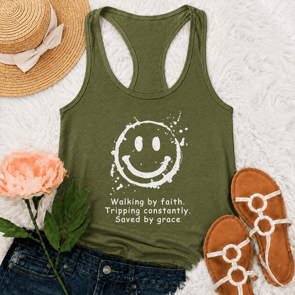 Christianartworkshop Walking By Faith Saved By Grace Racerback Tank Top - Army Green - 2XL - image 21