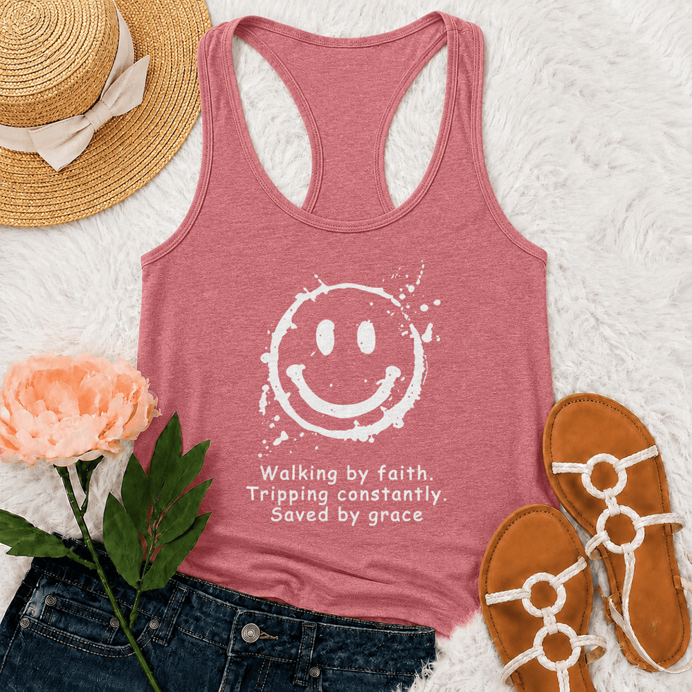 Christianartworkshop Walking By Faith Saved By Grace Racerback Tank Top - Pink - 2XL - image 0