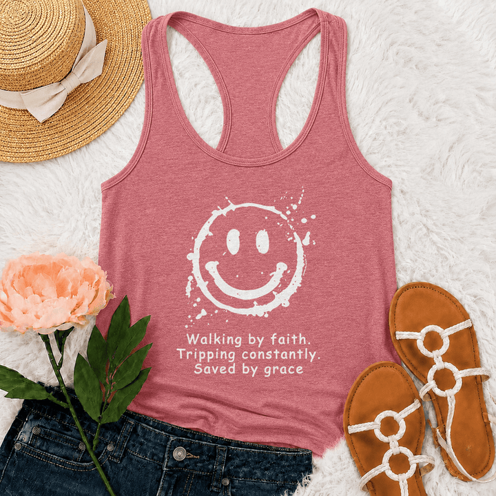 Christianartworkshop Walking By Faith Saved By Grace Racerback Tank Top - Pink - 2XL - image 0