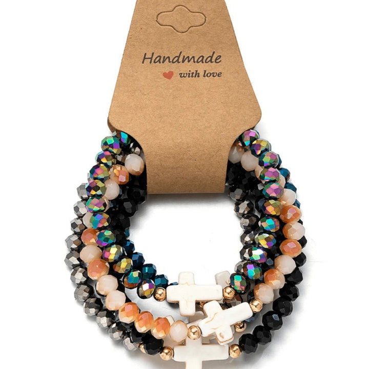 Christianartworkshop Faceted Crystal, Matte Mineral & Smooth Round Bead Multi-Layer Cross Bracelet Set - image 5