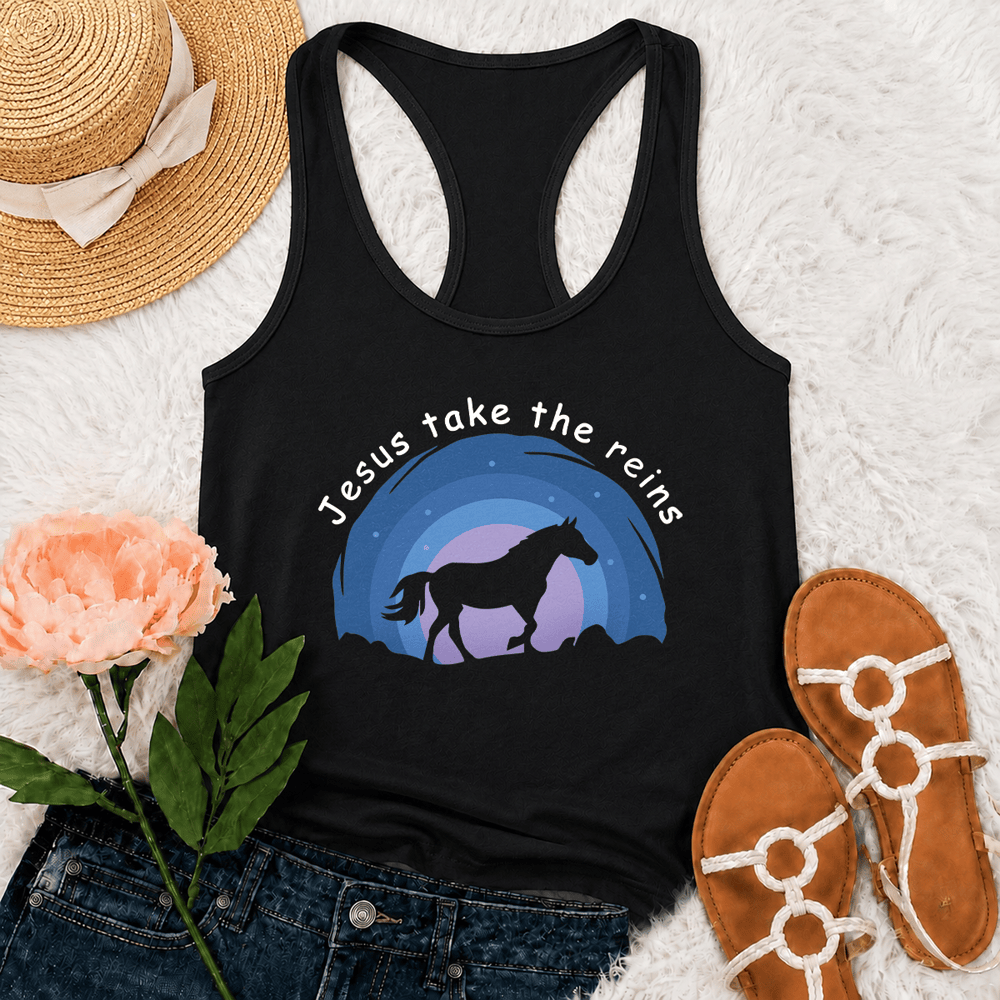 Christianartworkshop Cowgirl Wild Horse Jesus Take The Reins Racerback Tank Top - Black - 2XL - image 3