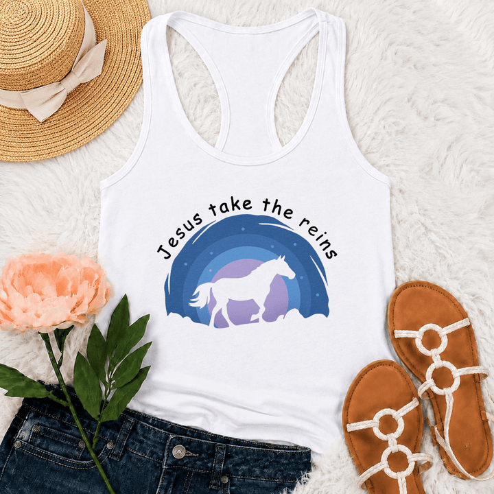 Christianartworkshop Cowgirl Wild Horse Jesus Take The Reins Racerback Tank Top - image 7
