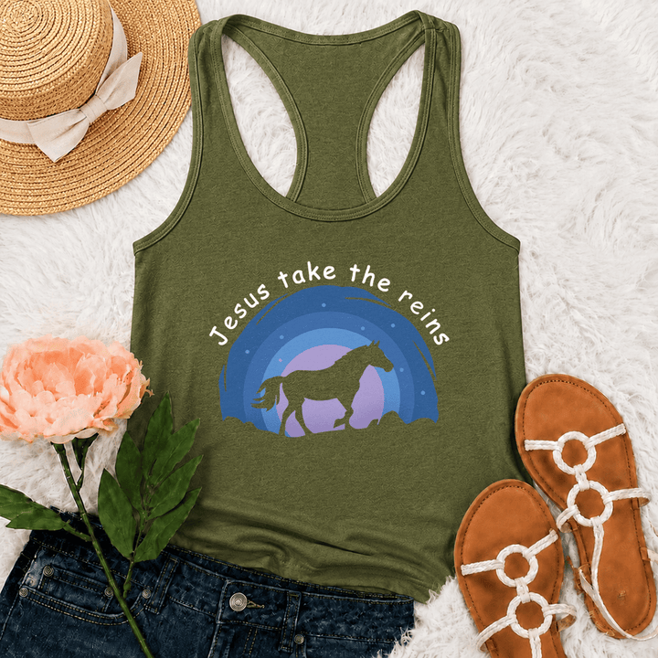 Christianartworkshop Cowgirl Wild Horse Jesus Take The Reins Racerback Tank Top - Army Green - 2XL - image 21