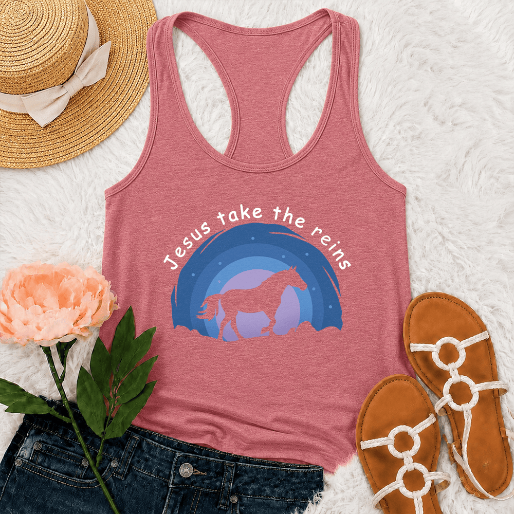 Christianartworkshop Cowgirl Wild Horse Jesus Take The Reins Racerback Tank Top - Pink - 2XL - image 24