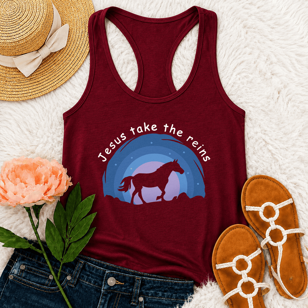 Christianartworkshop Cowgirl Wild Horse Jesus Take The Reins Racerback Tank Top - Wine - 2XL - image 0