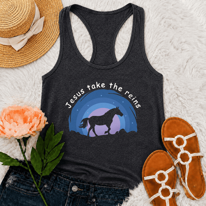 Christianartworkshop Cowgirl Wild Horse Jesus Take The Reins Racerback Tank Top - Grey - 2XL - image 9