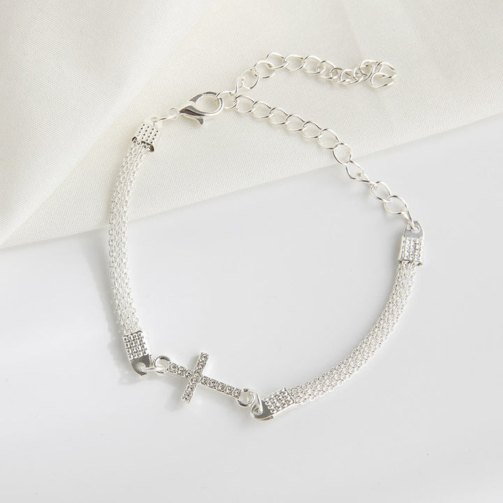 Christianartworkshop Dainty Woven Mesh Band Paved Crystal Sideways Cross Daily Bracelet: A Reminder of Divine Mercy During Quiet Meditation - image 2