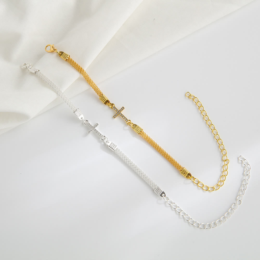 Christianartworkshop Dainty Woven Mesh Band Paved Crystal Sideways Cross Daily Bracelet: A Reminder of Divine Mercy During Quiet Meditation - image 1