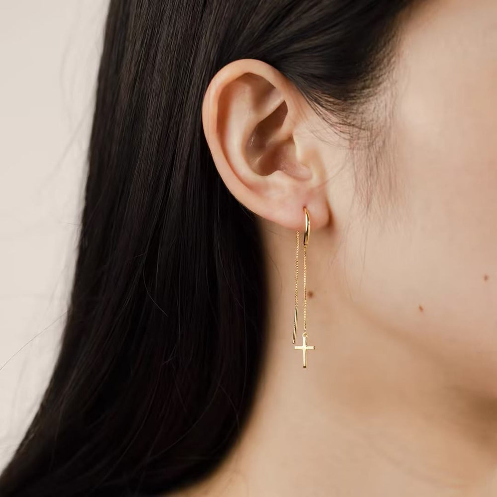 Christianartworkshop Minimal Bar Accent Long Tassel Threader Earrings with Flat Cross Charm: A Reminder of Divine Grace - image 1